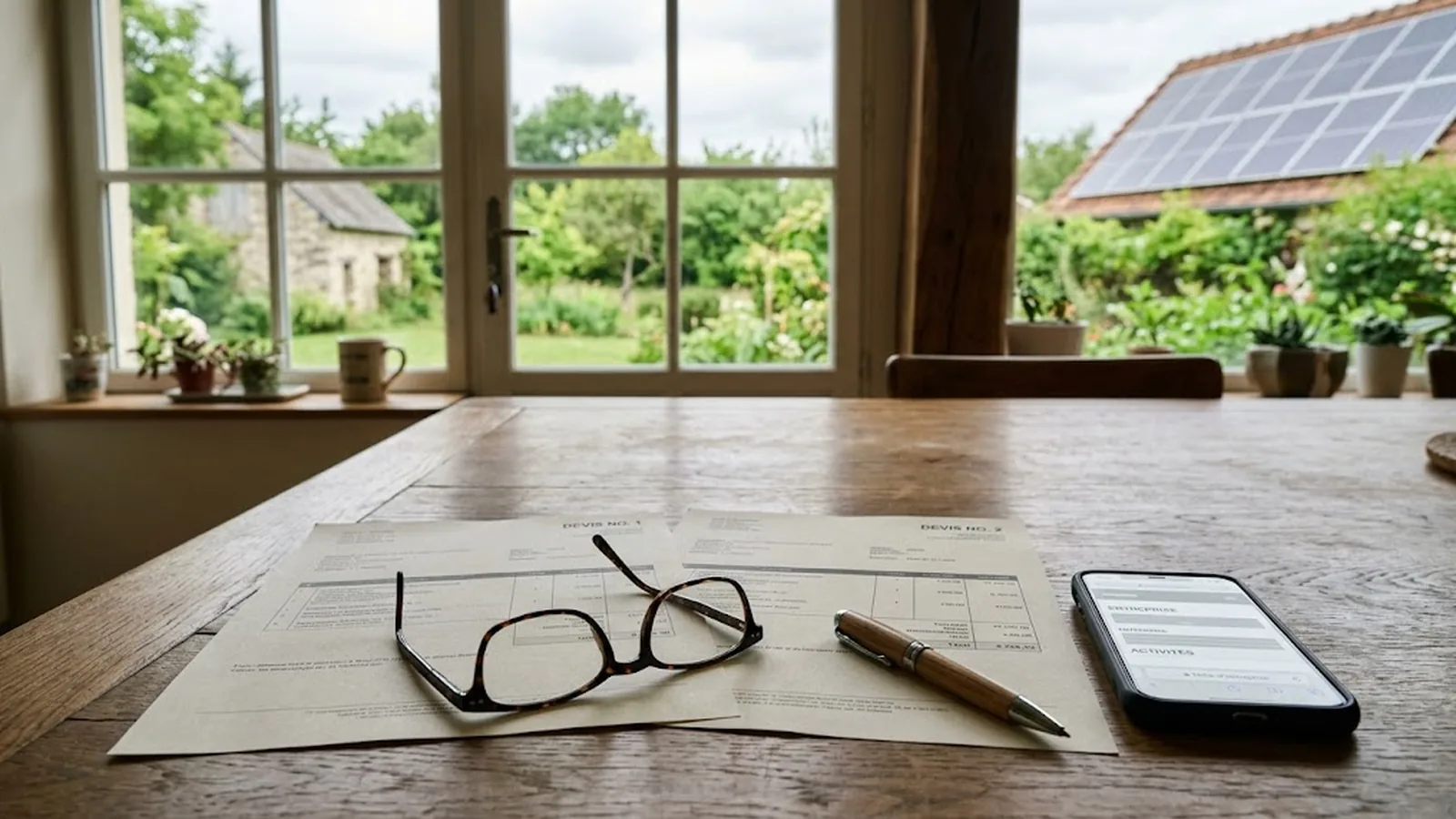 Deux devis photovoltaïques comparés sur une table, avec vue sur une toiture équipée de panneaux en Sarthe