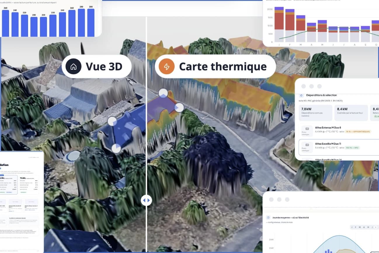 Toiture reconstituée en 3D, moitié vue réelle, moitié carte thermique d’ensoleillement