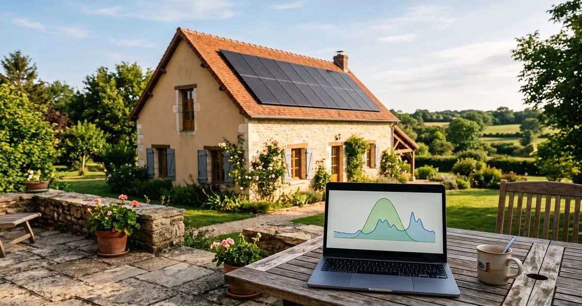 Maison en Sarthe avec panneaux photovoltaïques et courbe production / consommation sur un ordinateur