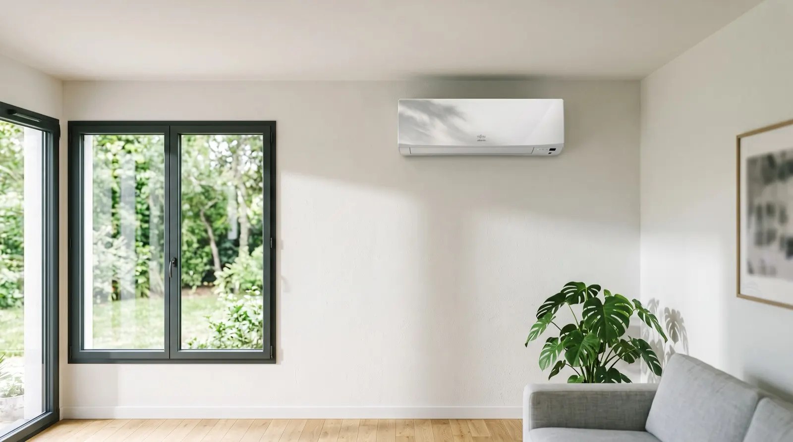 Unité intérieure de climatisation réversible murale dans un salon avec parquet et baie vitrée