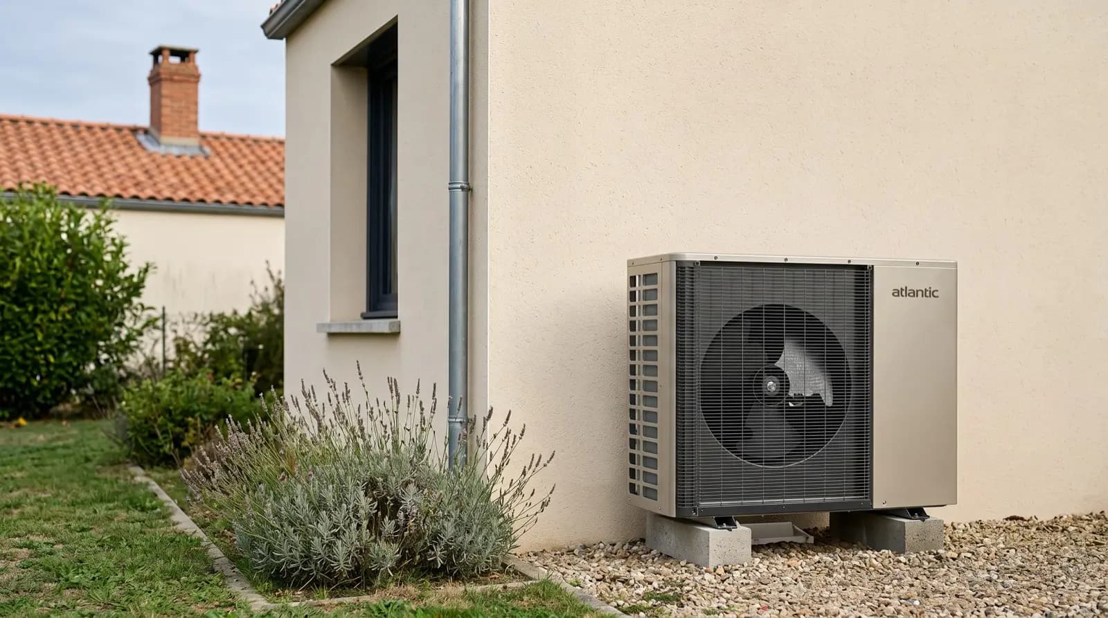 Unité extérieure de pompe à chaleur Atlantic air-eau installée en façade d'une maison individuelle