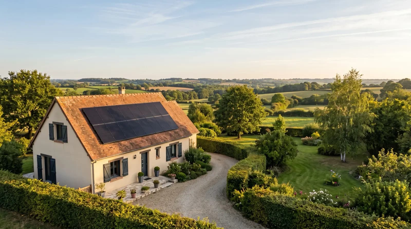 Maison individuelle avec panneaux photovoltaïques sur toiture en tuiles, campagne bocagère en Sarthe
