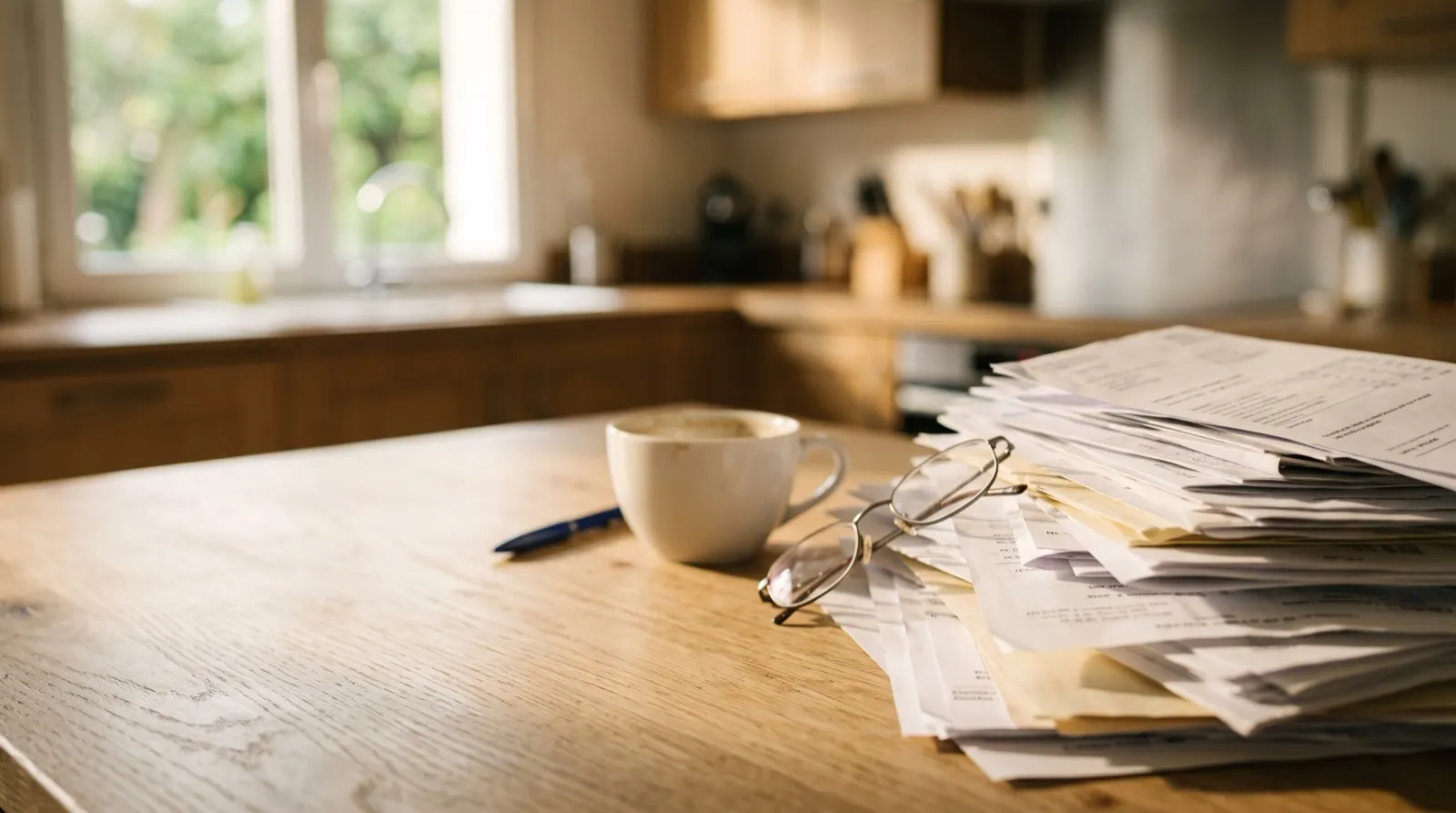 Pile de factures d'énergie, lunettes et tasse de café sur une table de cuisine