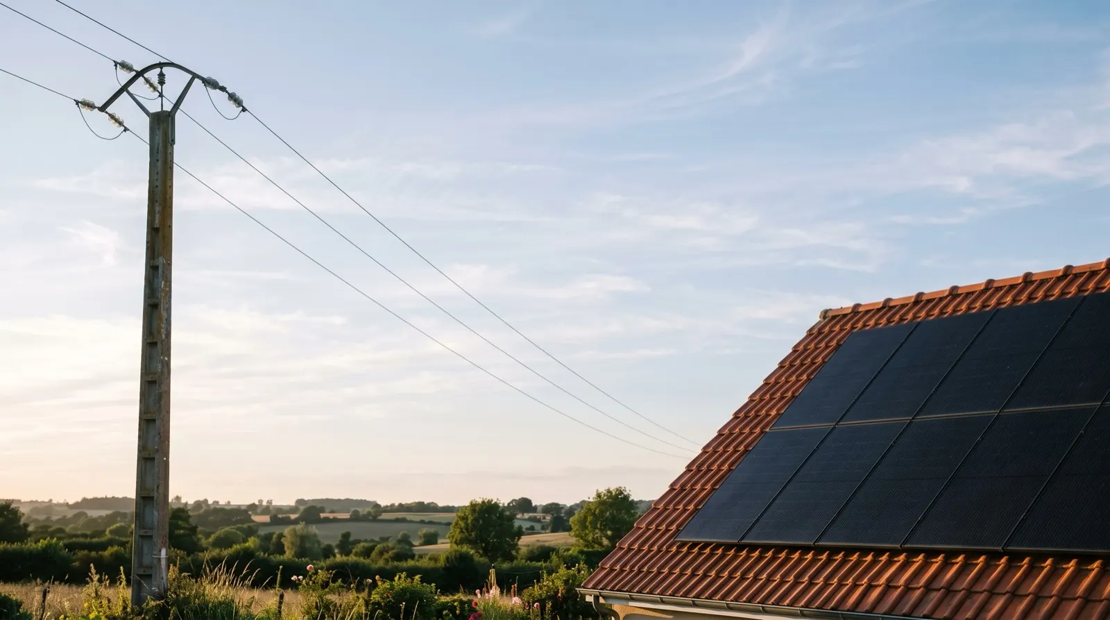 Panneaux photovoltaïques sur toiture en tuiles face au poteau du réseau électrique, bocage sarthois