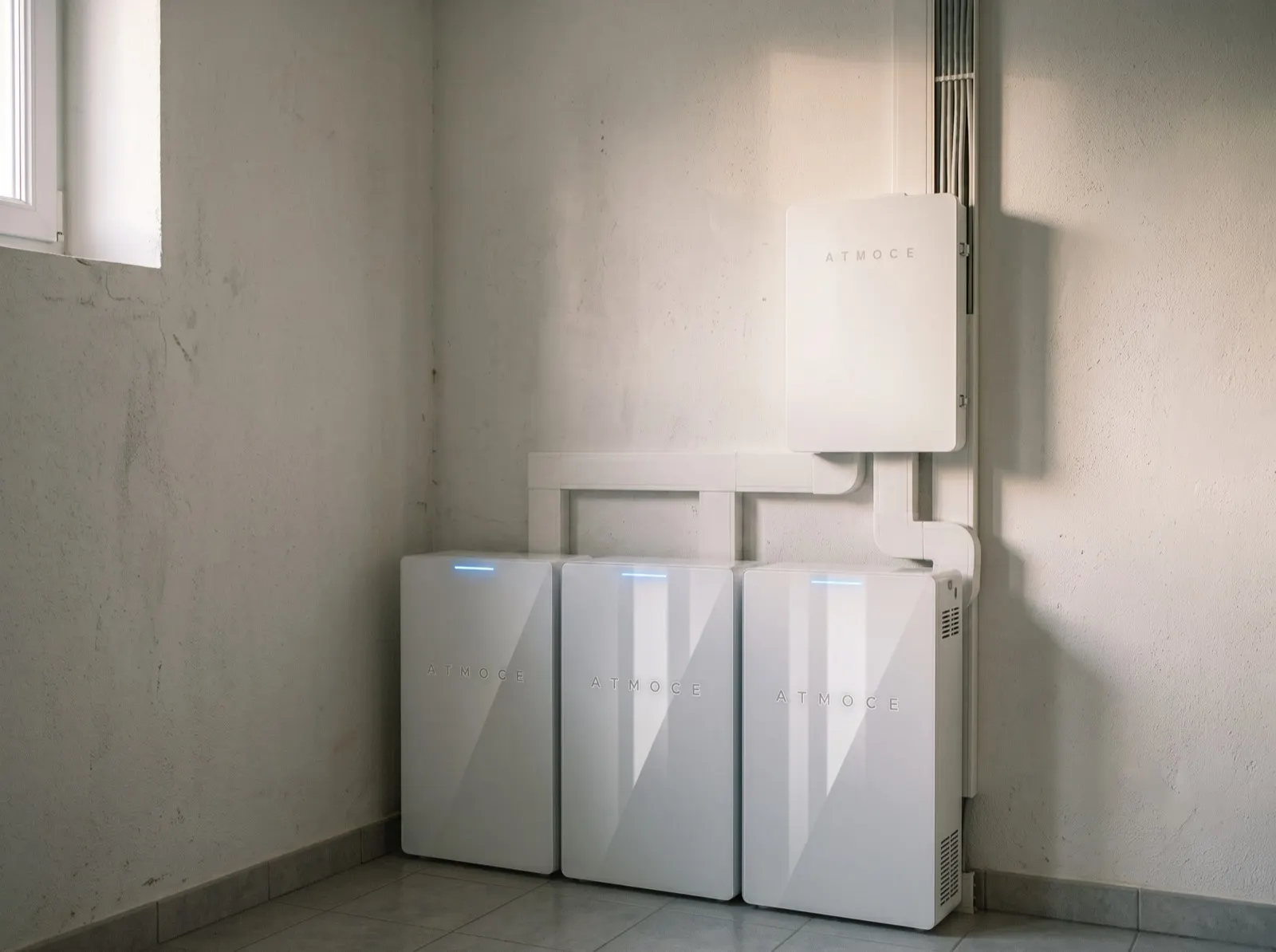 Trois modules de batterie ATMOCE 21 kWh installés au mur avec onduleur hybride