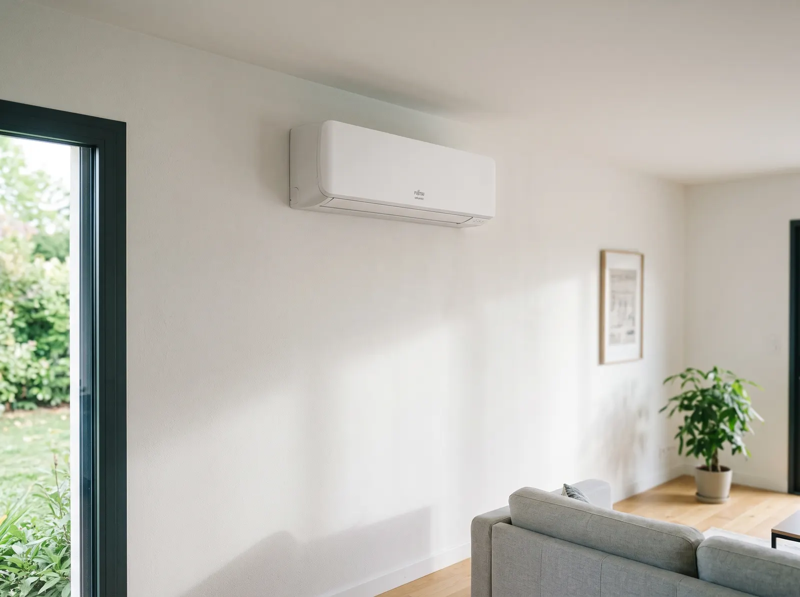 Split mural de climatisation réversible blanc installé dans un salon lumineux
