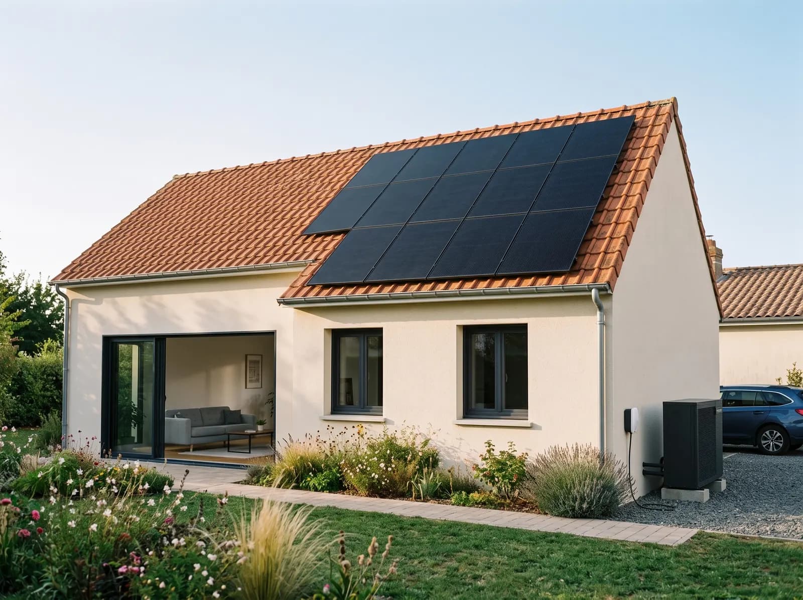 Maison équipée de panneaux photovoltaïques, pompe à chaleur et borne de recharge