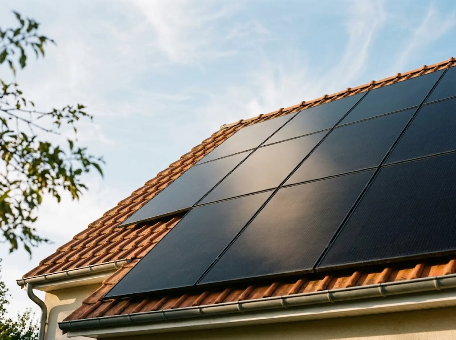 Panneaux photovoltaïques noirs en surimposition sur toiture tuiles terre cuite